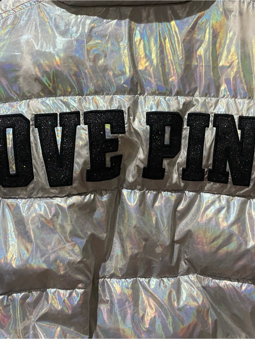 PINK Victoria's Secret Iridescent Silver Bomber Jacket with Black Trim - Picture 7 of 10